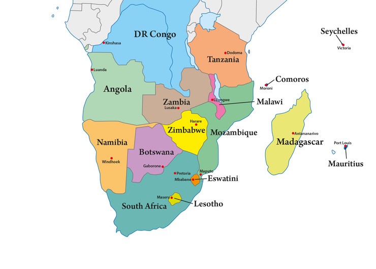 Southern African Development Community (SADC) regional map showing PRA's two operational sites in Namibia and Botswana.