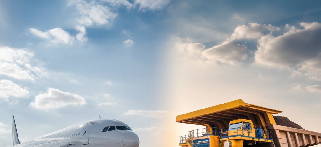 Illustrative diptych: a passenger airliner on the left and a heavy mining dump truck on the right, representing the two industrial ecosystems where Phoenix Resource Association operates.